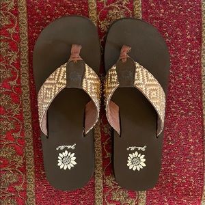 Yellow Box Brown Patterned Flip Flops